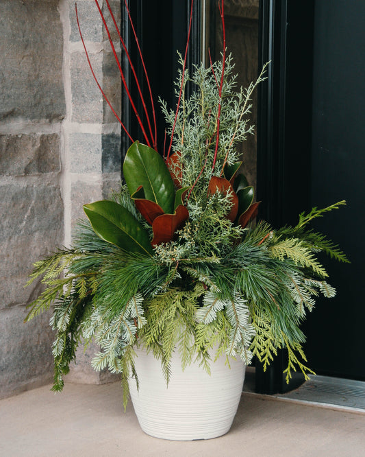 Modern Greens & Dogwood Winter Porch Pot